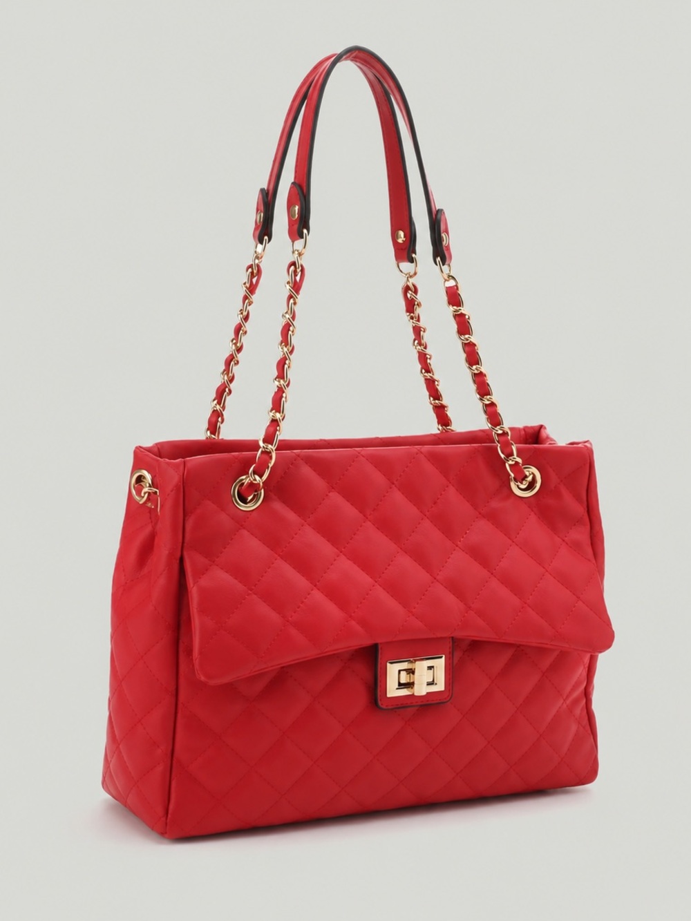 Quilted Red Shoulder Bag with Gold Chain Straps
